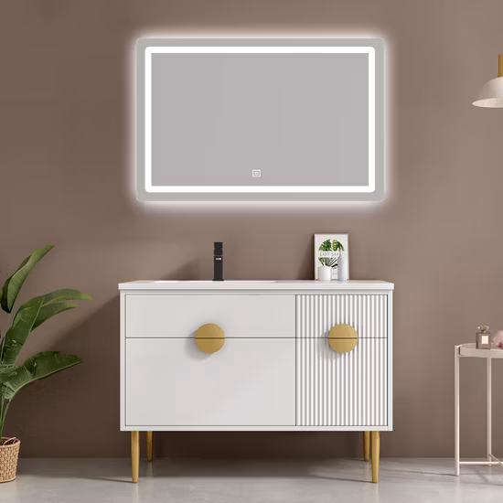 1400 mm Breite, luxuriöser, moderner Design-LED-Spiegel mit Hintergrundbeleuchtung, Waschbecken aus gesintertem Stein, Wandmontage, Badezimmer-Waschtischmöbel aus Holz