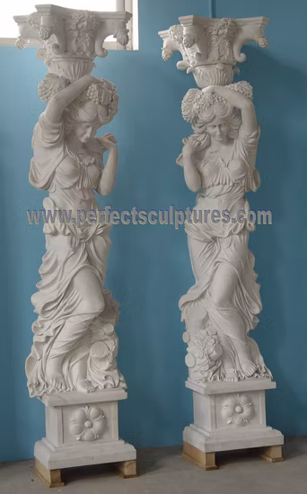 Startseite Architektonisch dekorativ geschnitzte Frau aus Stein Skulptur Säule Marmor Schnitzerei Dame Statue Säulen für Gartendekoration (QCM111)